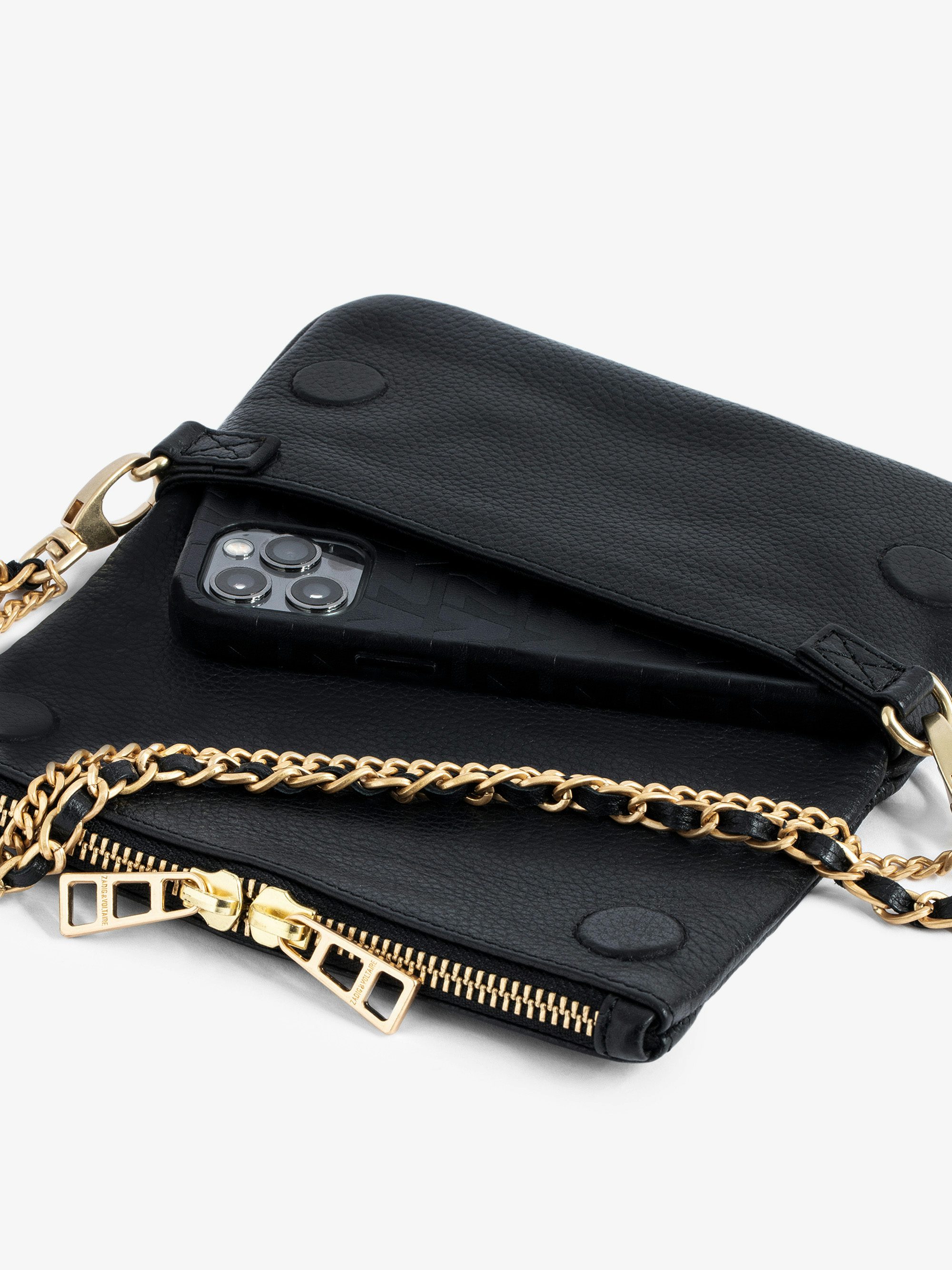 Rock Nano Clutch - Grained leather clutch with double leather and metal chains and rhinestone-adorned wings.